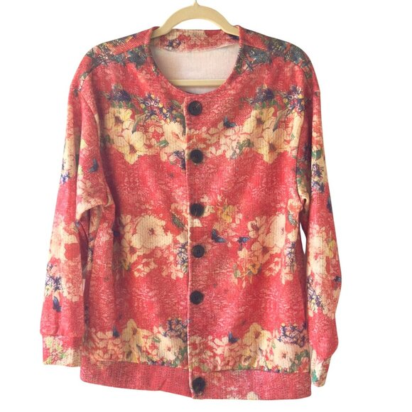 Floral Cardigan Size L Pink Orange Butterfly Garden Button Front Layer Top - Picture 2 of 11